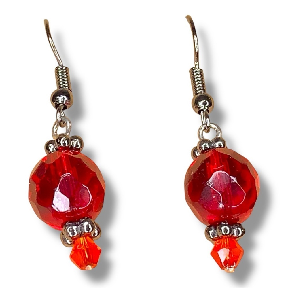 Handmade Red Silver Beaded Dangle Earrings Boho Goth Hook Style Back Bohemian